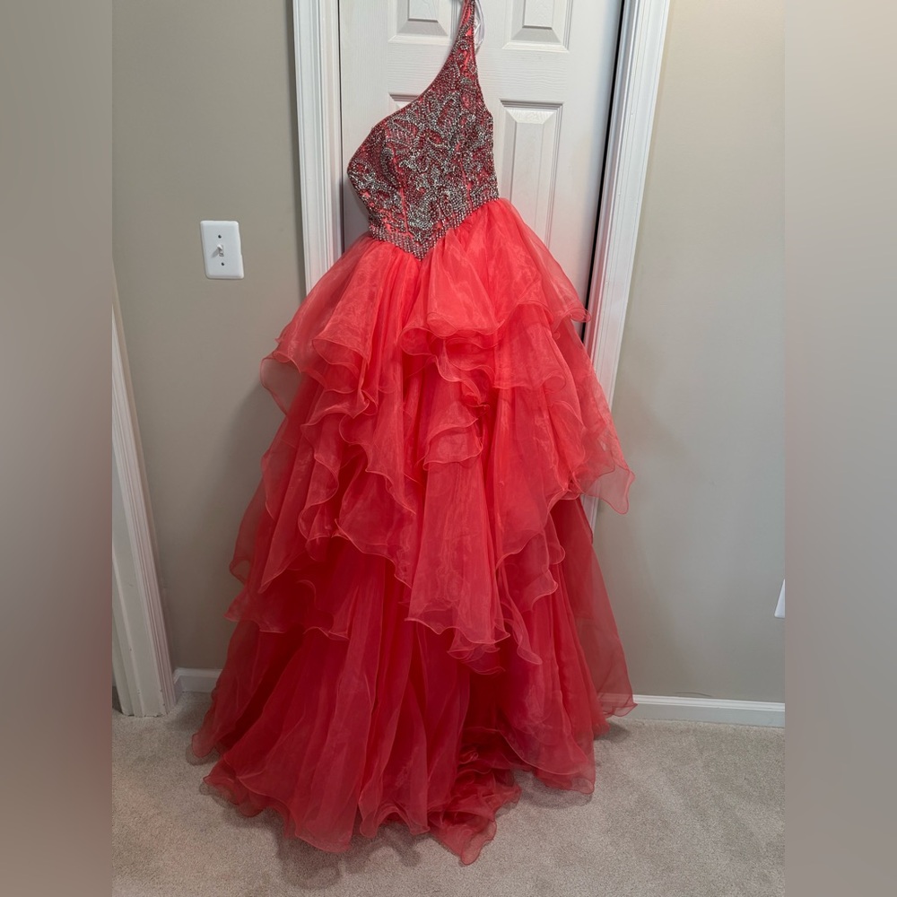 Rachel Allan Vibrant Coral Gown with Beadwork